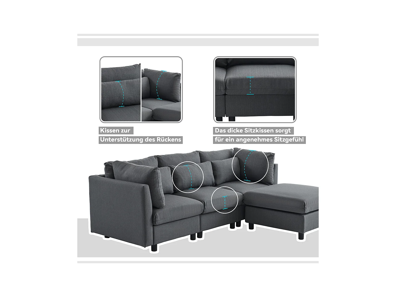 Canapé convertible L-forme, design moderne, tissu lin, gris, avec pouf, fonction lit (220x83x81 cm)