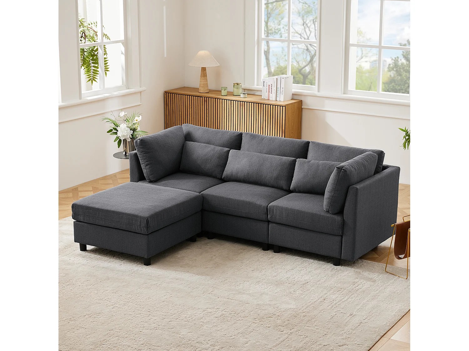 Canapé convertible L-forme, design moderne, tissu lin, gris, avec pouf, fonction lit (220x83x81 cm)