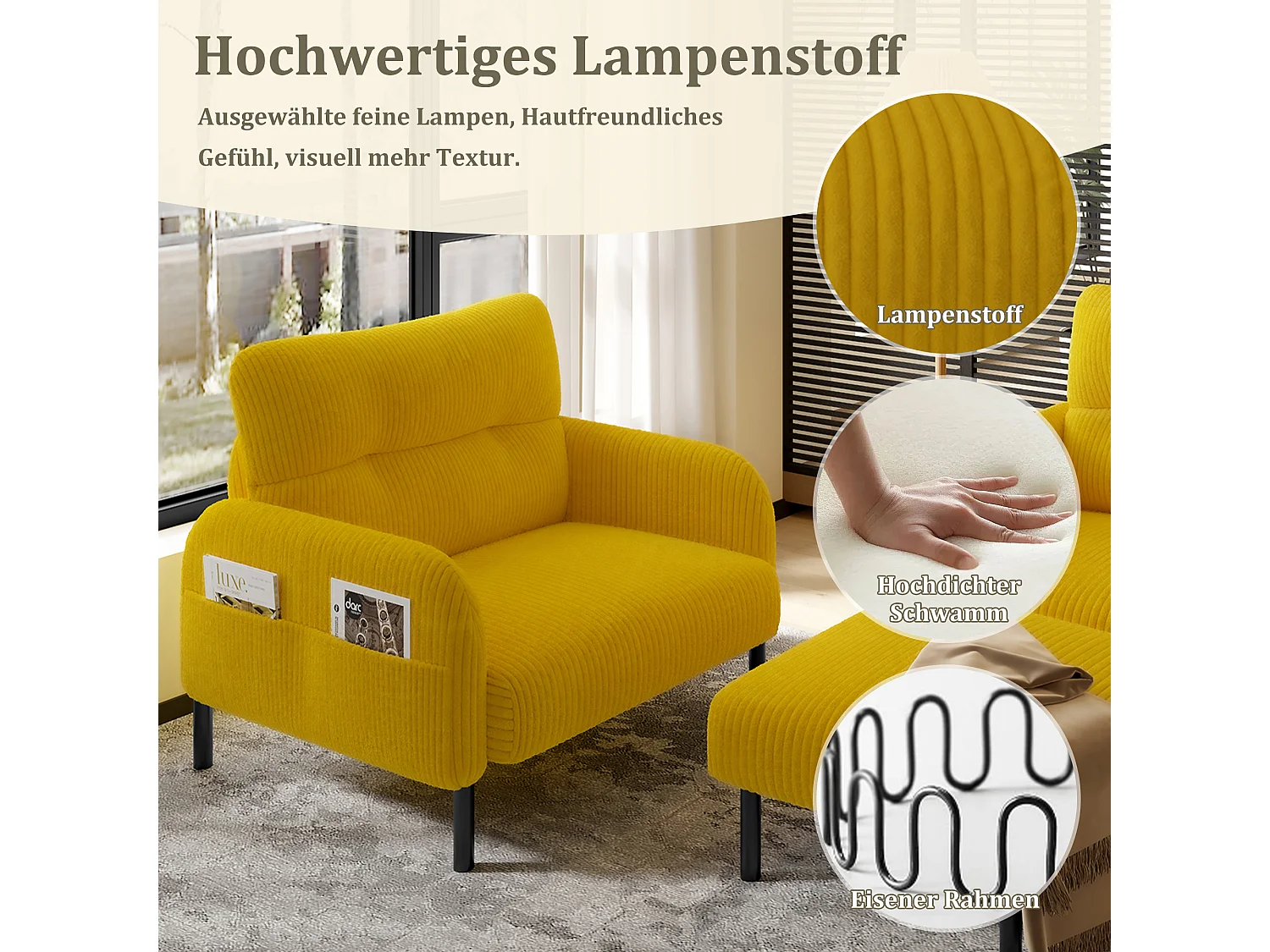Ensemble Cord 3 pièces : Fauteuil + Pouf + Canapé 2 places, structure en métal, tissu en velours côtelé jaune moutarde,  (112x75x79 cm)