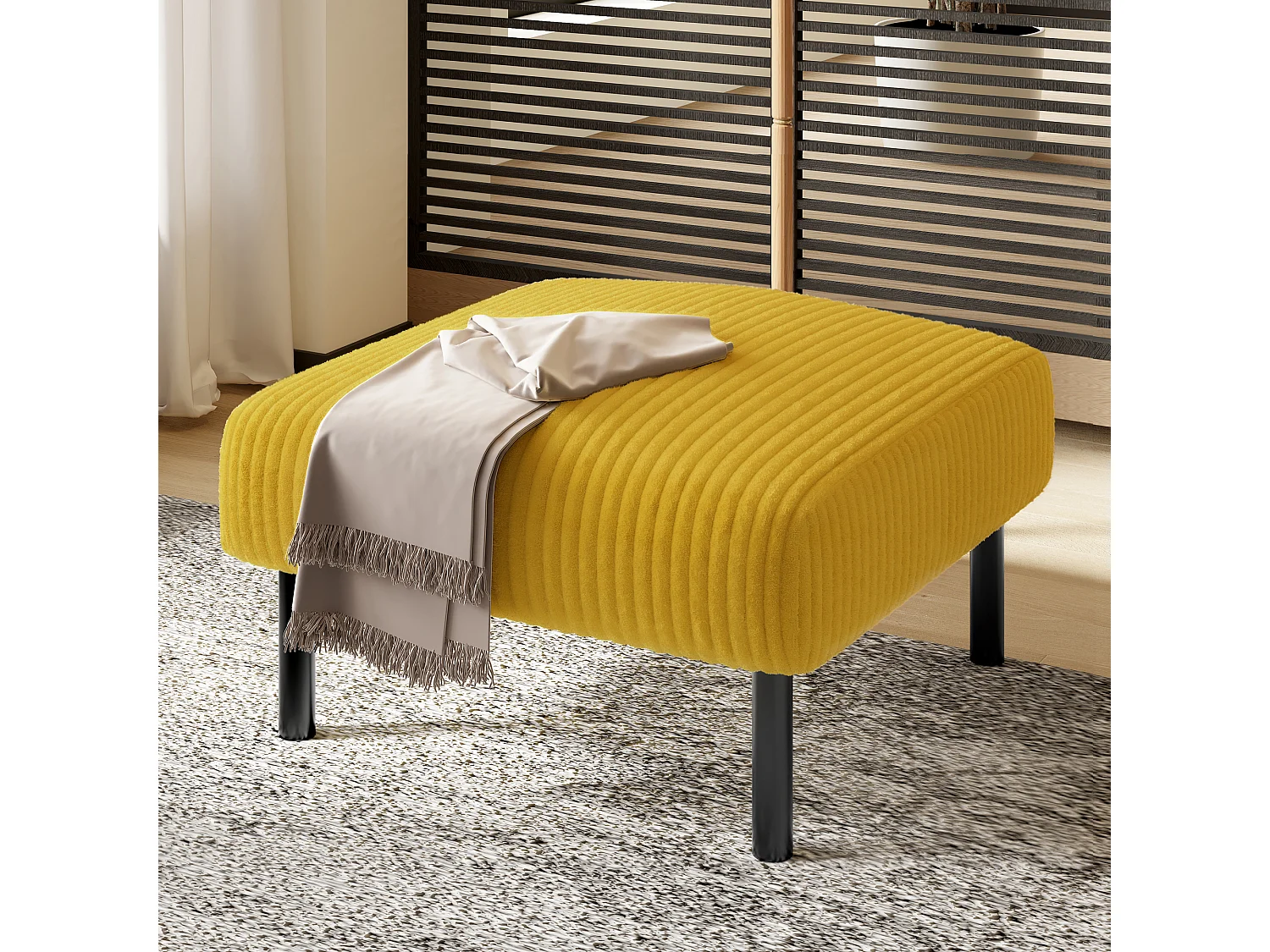 Ensemble Cord 3 pièces : Fauteuil + Pouf + Canapé 2 places, structure en métal, tissu en velours côtelé jaune moutarde,  (112x75x79 cm)