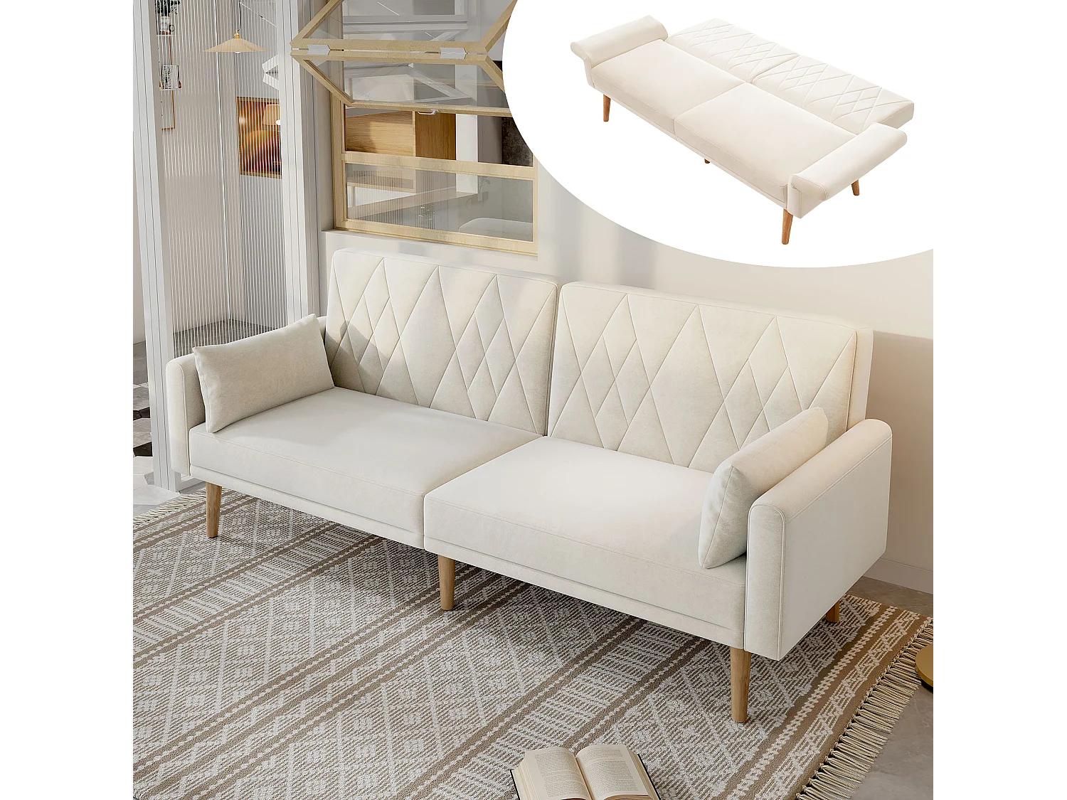 Sofá convertible de 2 plazas, en terciopelo, con función cama, beige (180x75x82 cm)