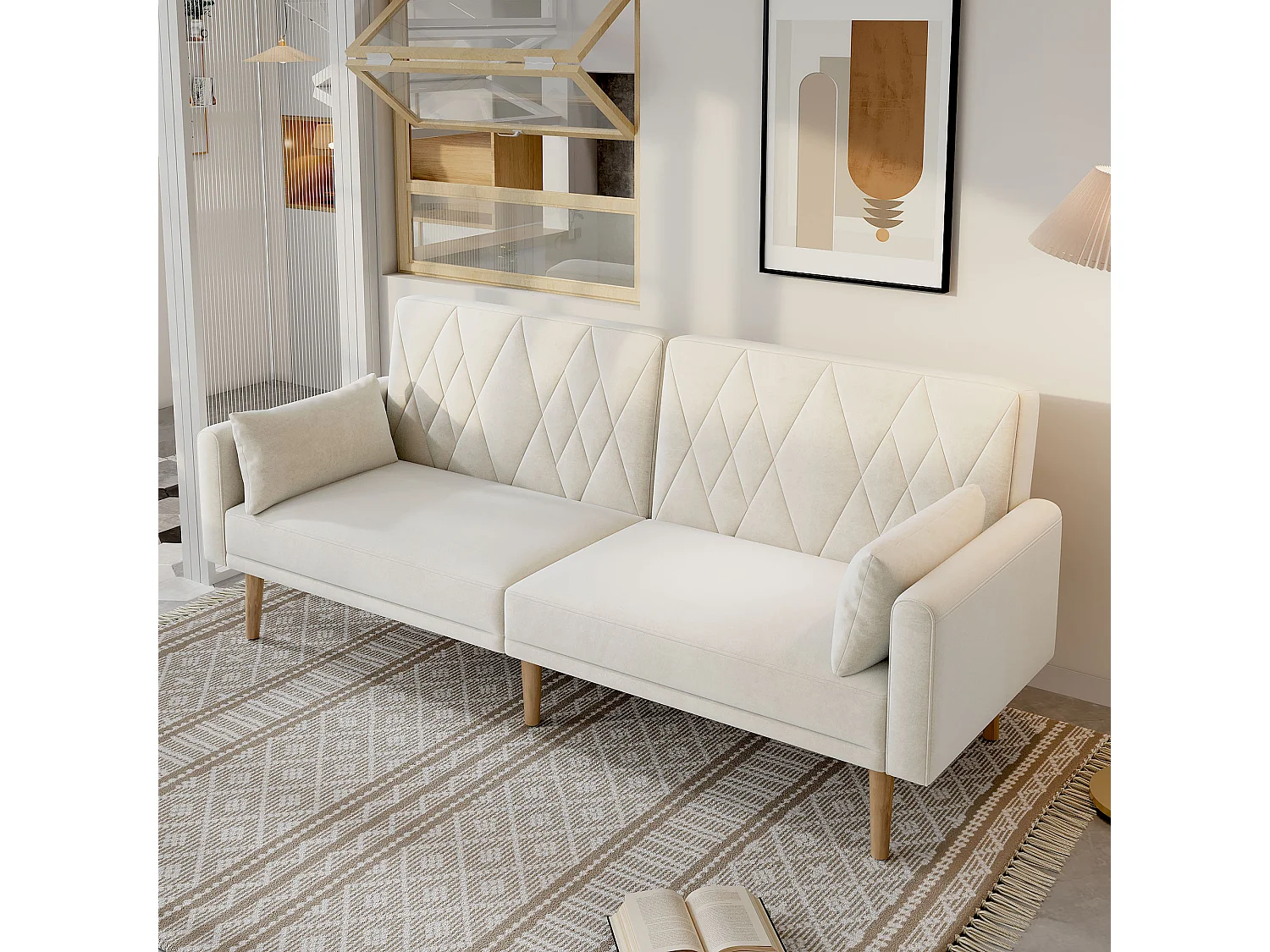 Sofá convertible de 2 plazas, en terciopelo, con función cama, beige (180x75x82 cm)