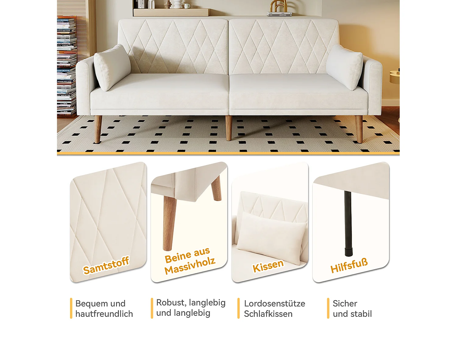 Sofá convertible de 2 plazas, en terciopelo, con función cama, beige (180x75x82 cm)