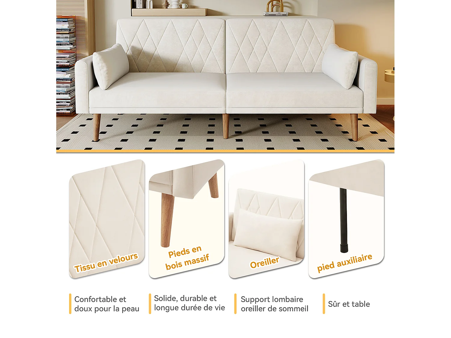 Sofá convertible de 2 plazas, en terciopelo, con función cama, beige (180x75x82 cm)