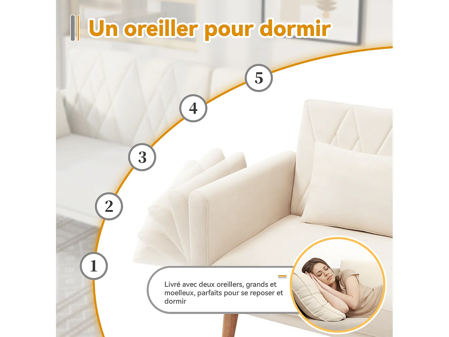 Sofá convertible de 2 plazas, en terciopelo, con función cama, beige (180x75x82 cm)