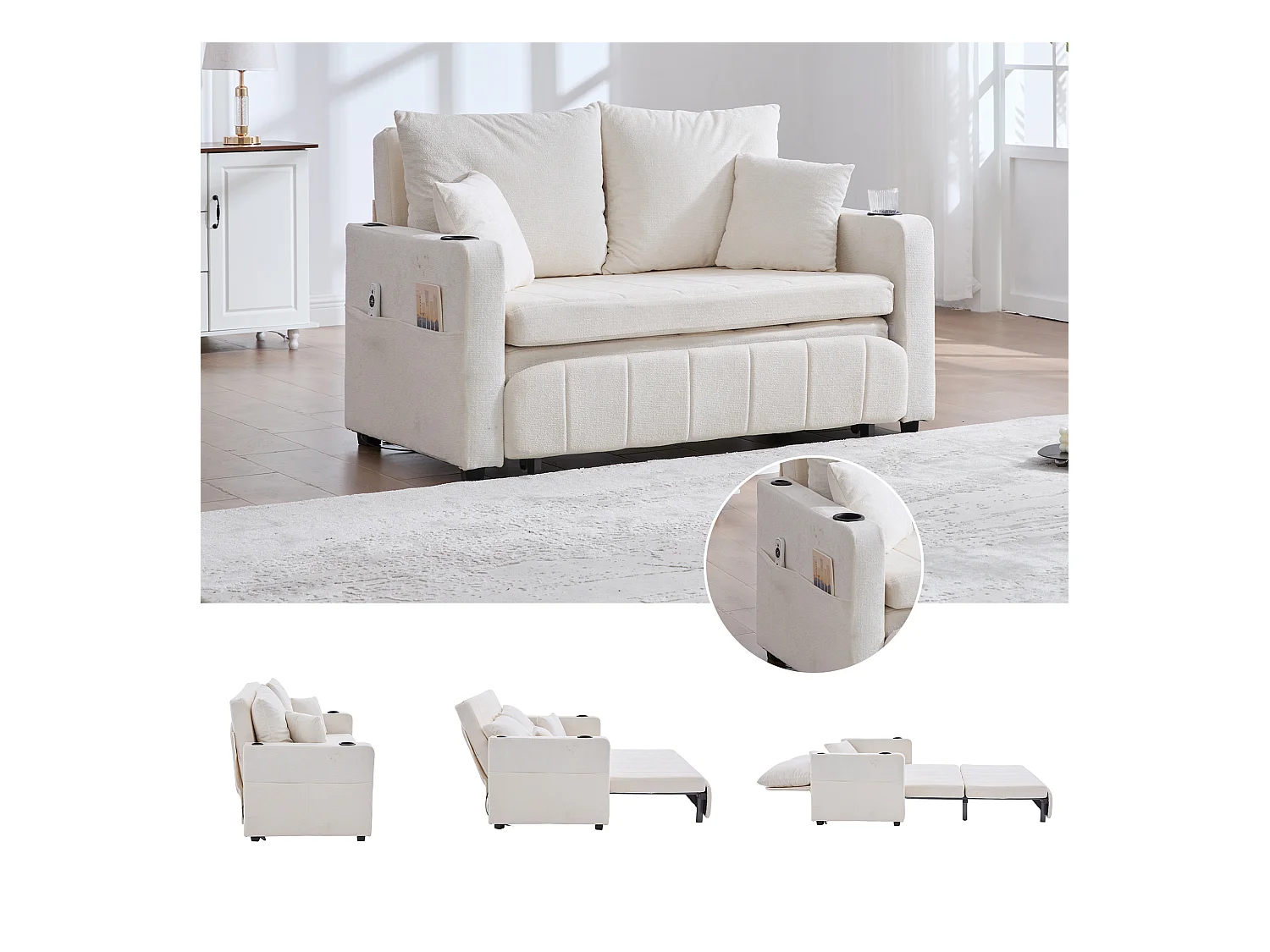 Canapé convertible 2 places, tissu chenille, multifonctionnel avec rangements et USB, beige (139x73x83cm)