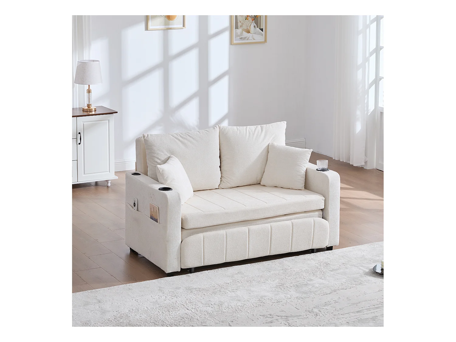 Canapé convertible 2 places, tissu chenille, multifonctionnel avec rangements et USB, beige (139x73x83cm)