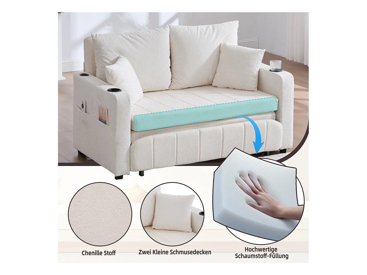 Canapé convertible 2 places, tissu chenille, multifonctionnel avec rangements et USB, beige (139x73x83cm)