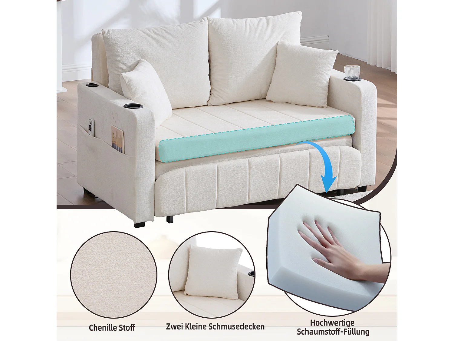 2-zits slaapbank, chenille stof, multifunctioneel met opbergruimte en USB, beige (139x73x83cm)