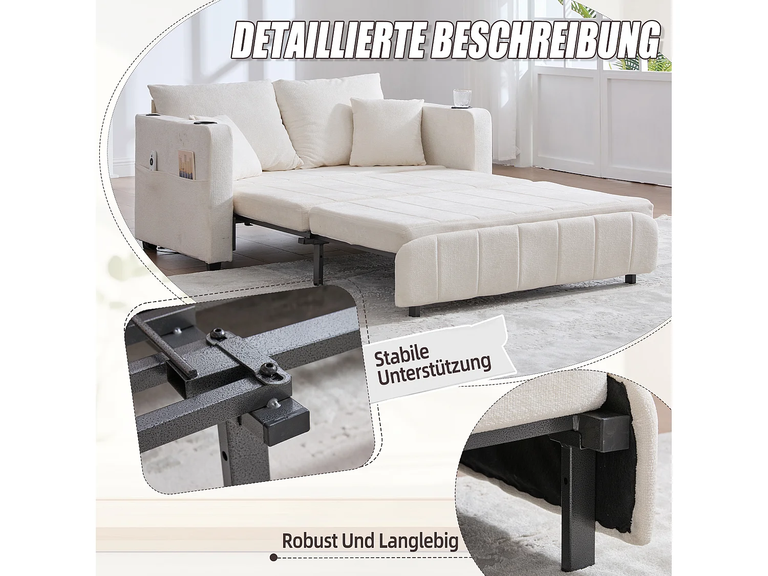 2-zits slaapbank, chenille stof, multifunctioneel met opbergruimte en USB, beige (139x73x83cm)