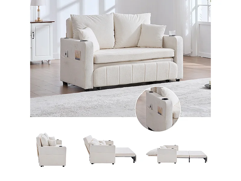 2-zits slaapbank, chenille stof, multifunctioneel met opbergruimte en USB, beige (139x73x83cm)