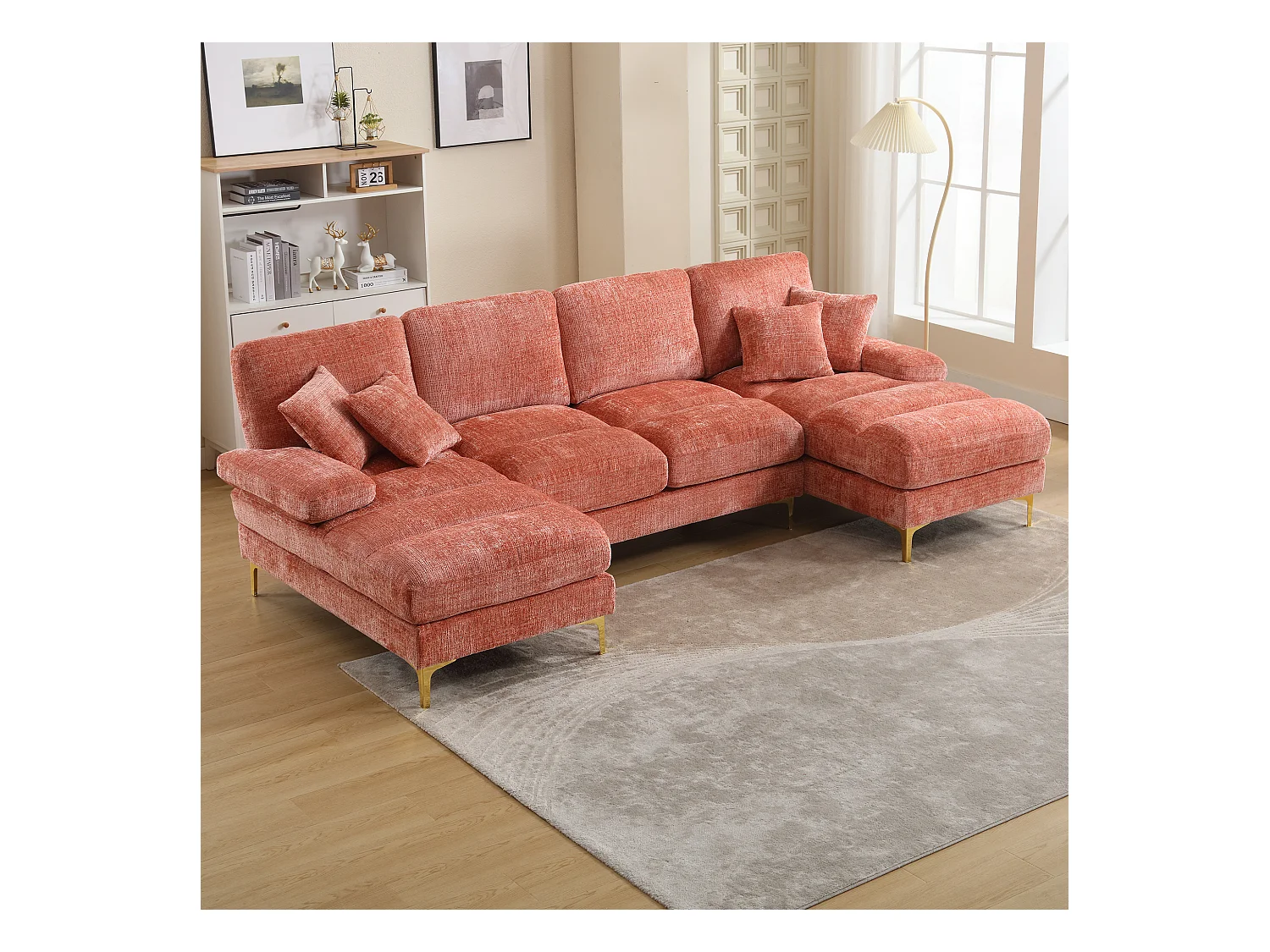 Canapé sectionnel U en chenille avec deux sièges inclinables, moderne, couleur rose (272x136x88 cm)