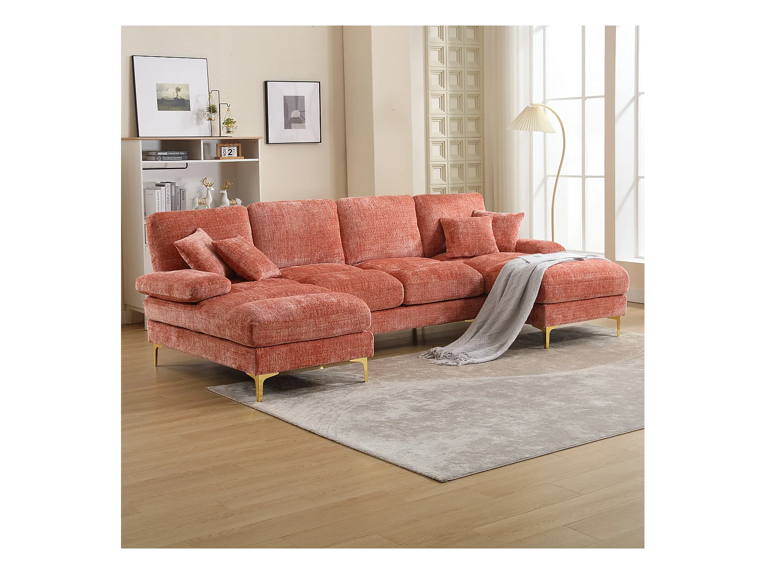 Canapé sectionnel U en chenille avec deux sièges inclinables, moderne, couleur rose (272x136x88 cm)