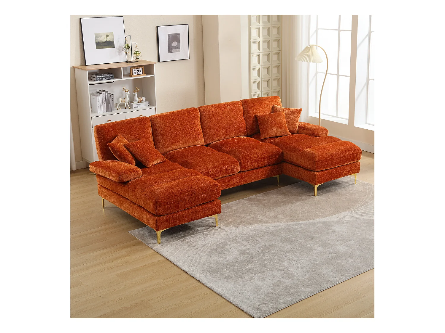 Moderne oranje chenille U-vormige hoekbank met verstelbare stoelen (272x136x88 cm)