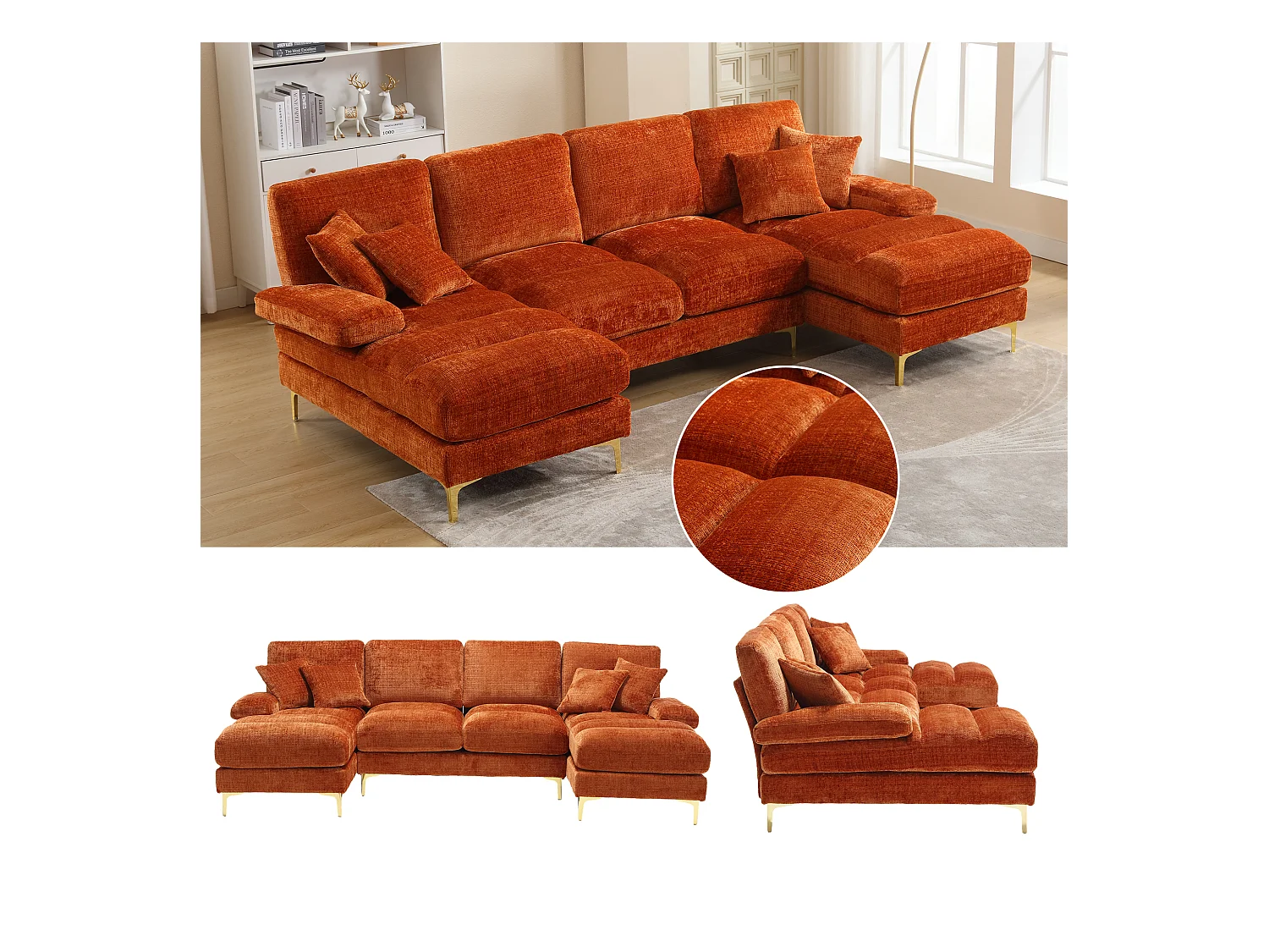 Canapé sectionnel U en chenille avec sièges inclinables, moderne, couleur orange (272x136x88 cm)