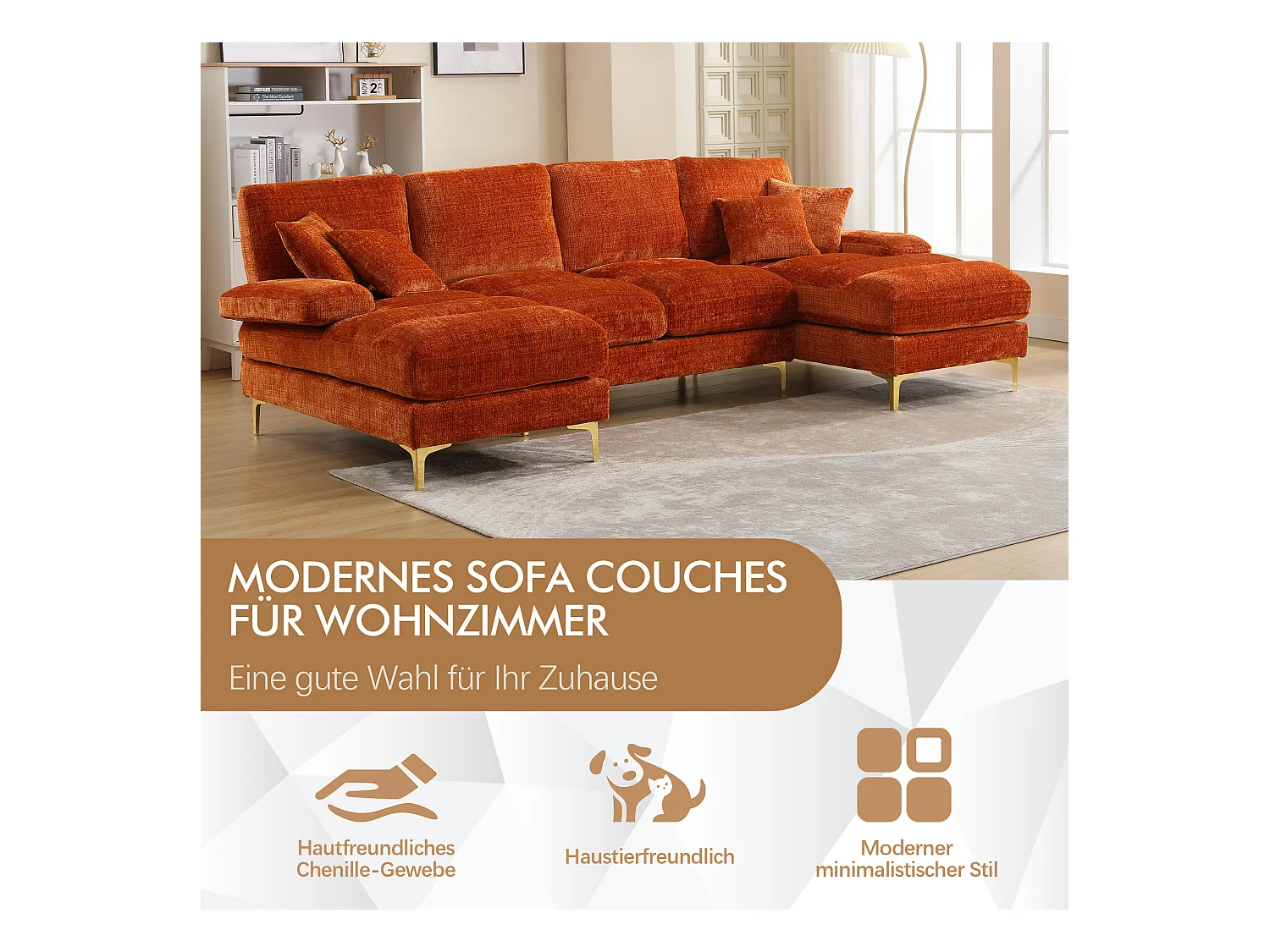 Sofá seccional moderno en forma de U de chenilla naranja con asientos reclinables (272 x 136 x 88 cm)