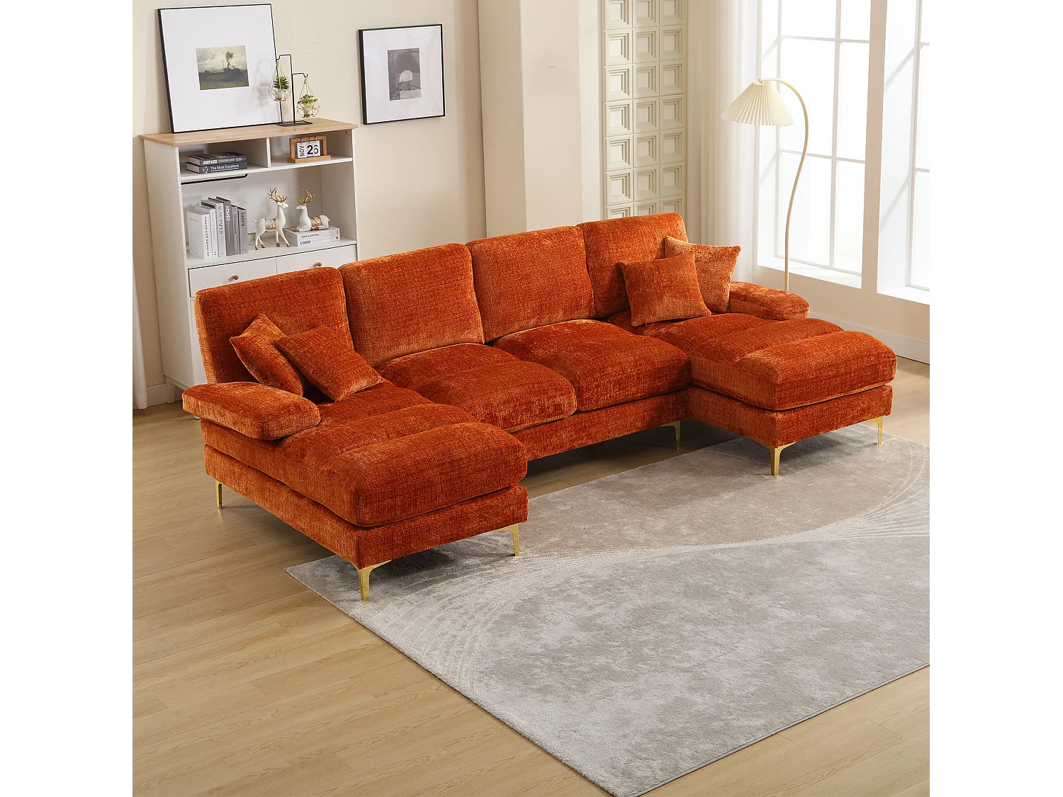 Divano componibile moderno a U in ciniglia arancione con sedute reclinabili (272x136x88 cm)