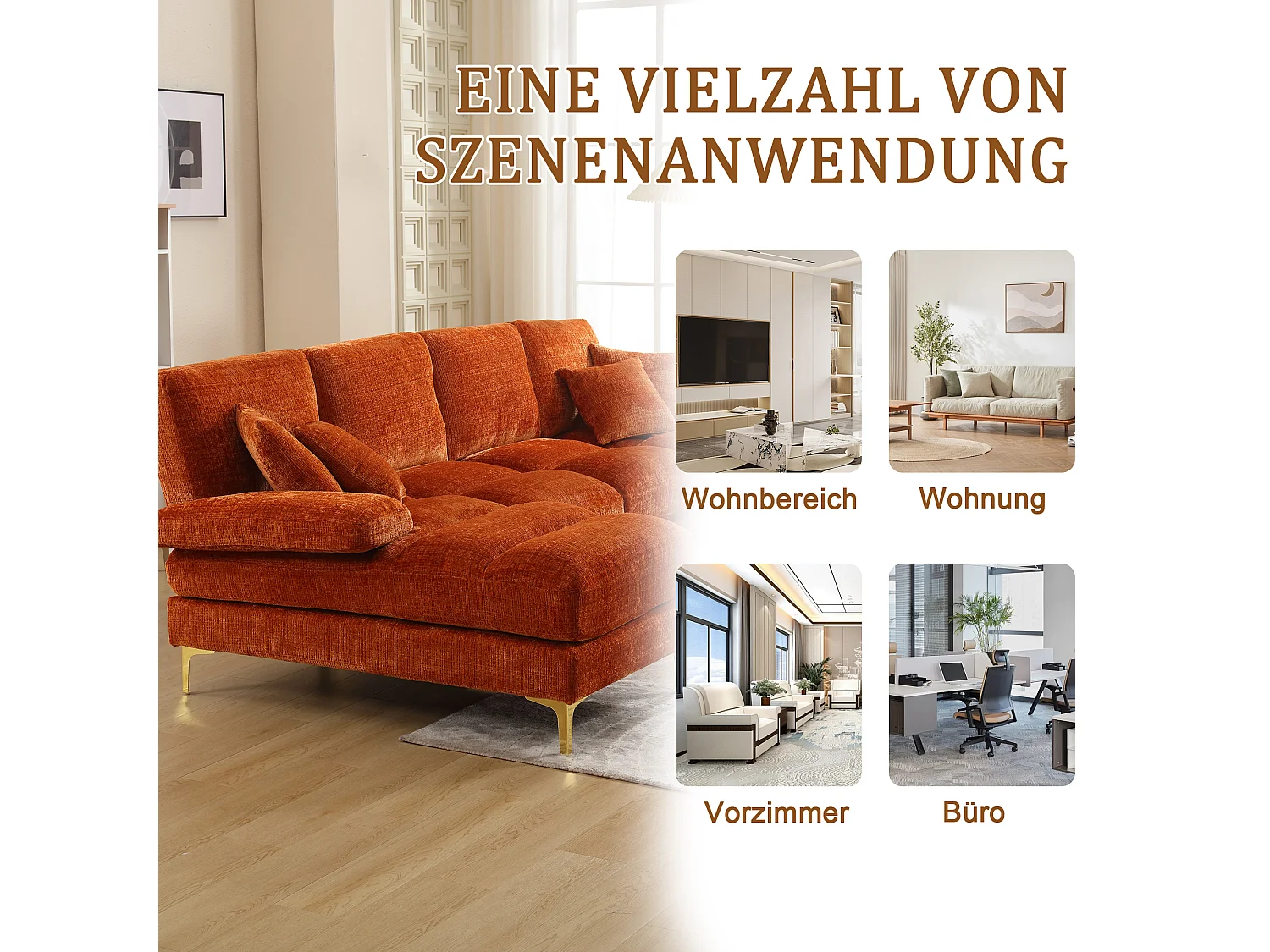 Divano componibile moderno a U in ciniglia arancione con sedute reclinabili (272x136x88 cm)