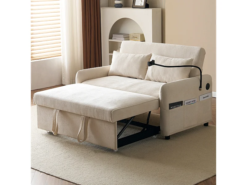 Divano letto a 2 posti, con funzione letto, ciniglia, beige, con portabicchieri e porte USB (129x76x81 cm)
