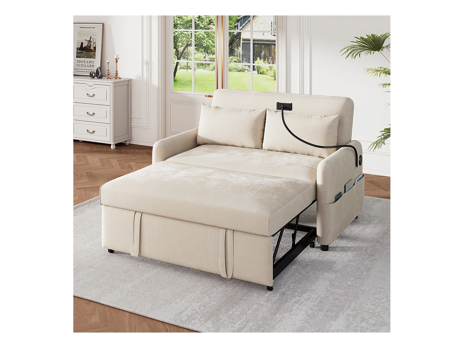 2-zits slaapbank met bedfunctie, chenille, beige, met bekerhouders en USB-aansluitingen (129x76x81 cm)