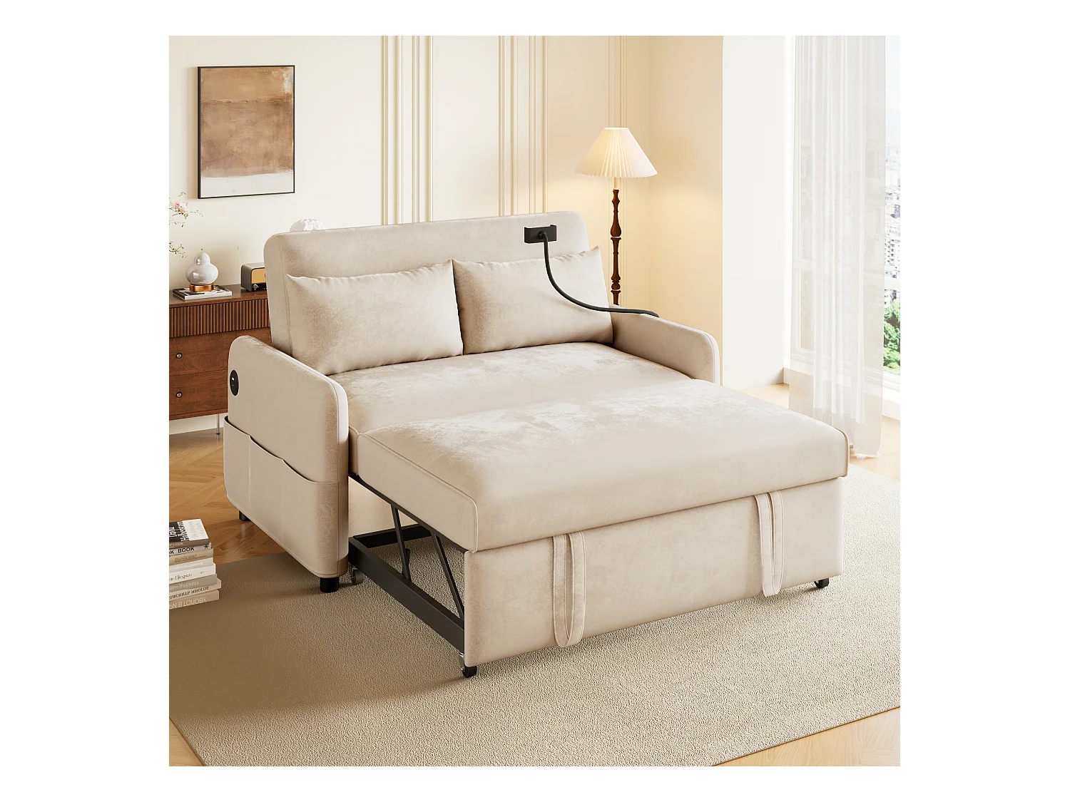 2-zits slaapbank met bedfunctie, chenille, beige, met bekerhouders en USB-aansluitingen (129x76x81 cm)