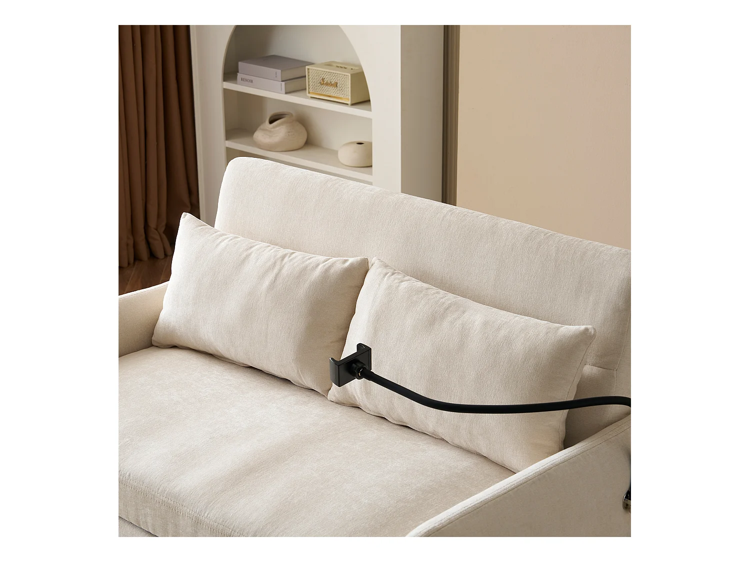 2-zits slaapbank met bedfunctie, chenille, beige, met bekerhouders en USB-aansluitingen (129x76x81 cm)