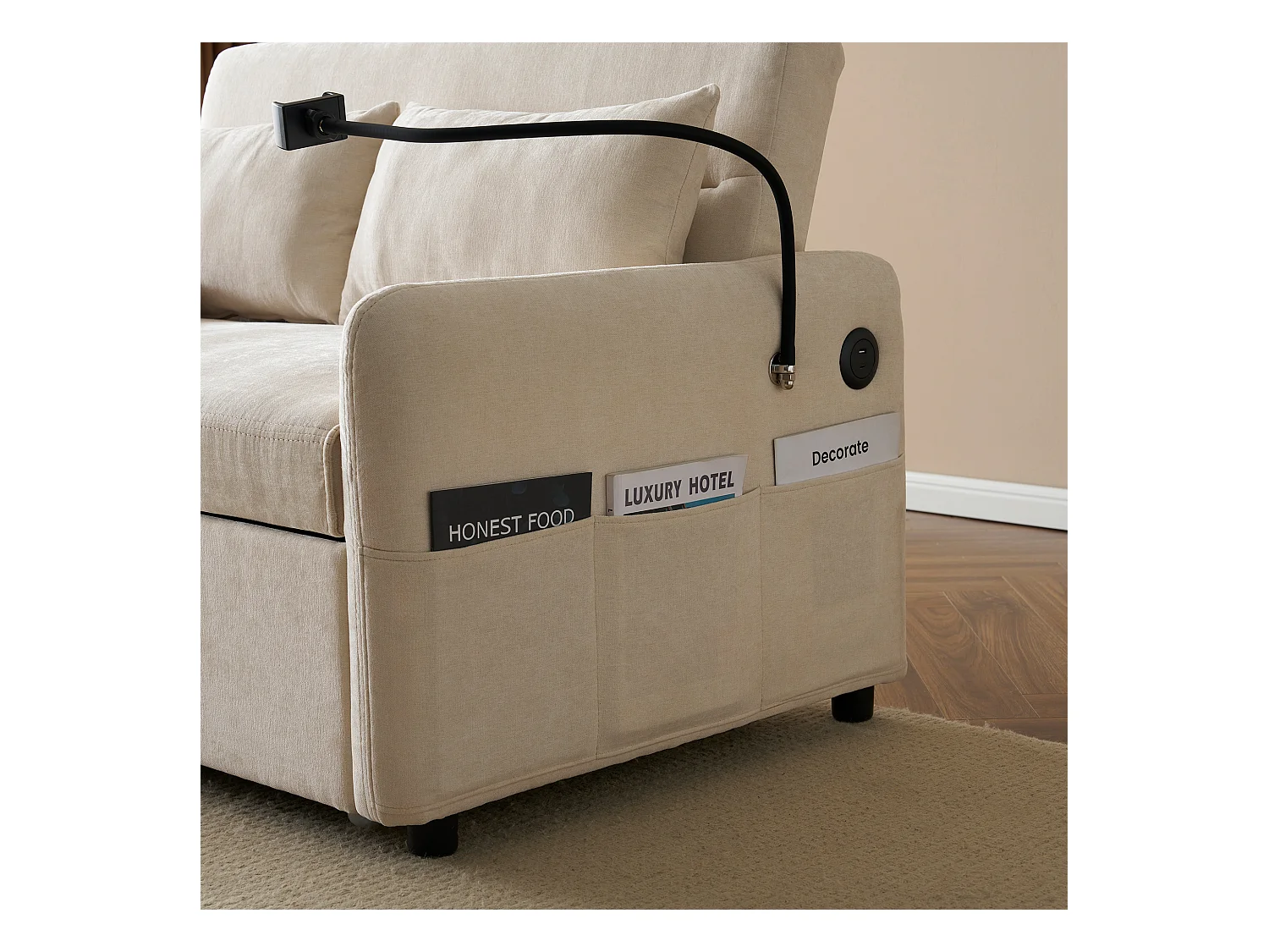 2-zits slaapbank met bedfunctie, chenille, beige, met bekerhouders en USB-aansluitingen (129x76x81 cm)