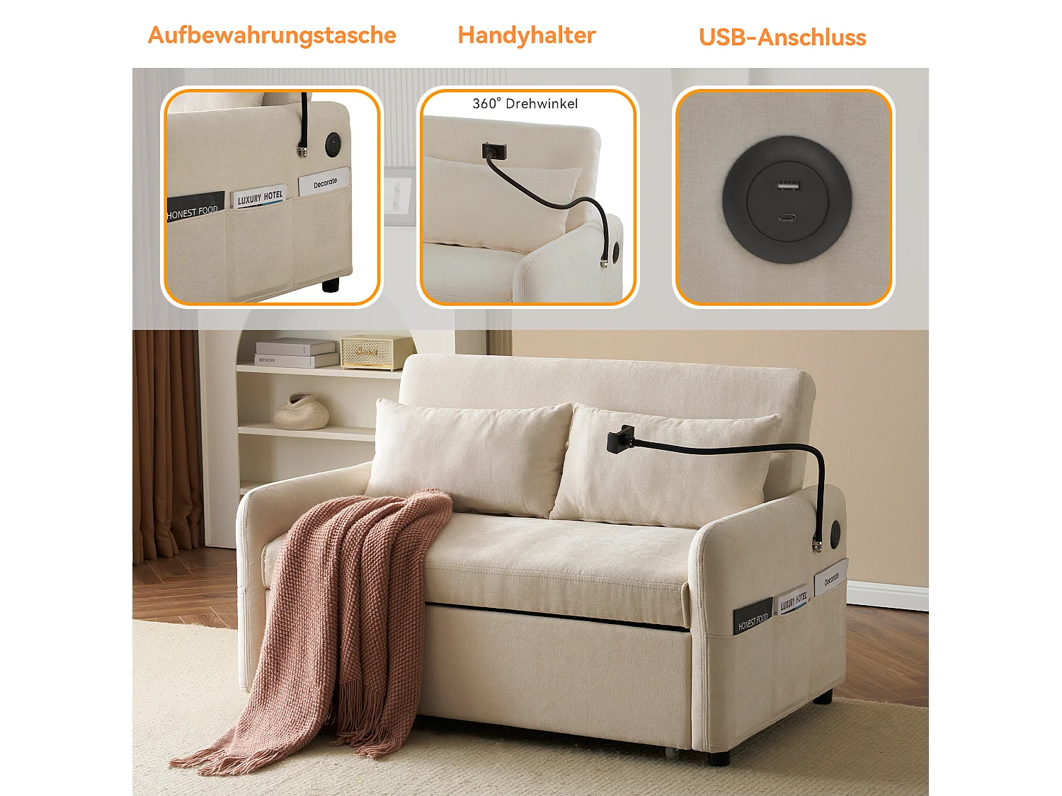 2-zits slaapbank met bedfunctie, chenille, beige, met bekerhouders en USB-aansluitingen (129x76x81 cm)