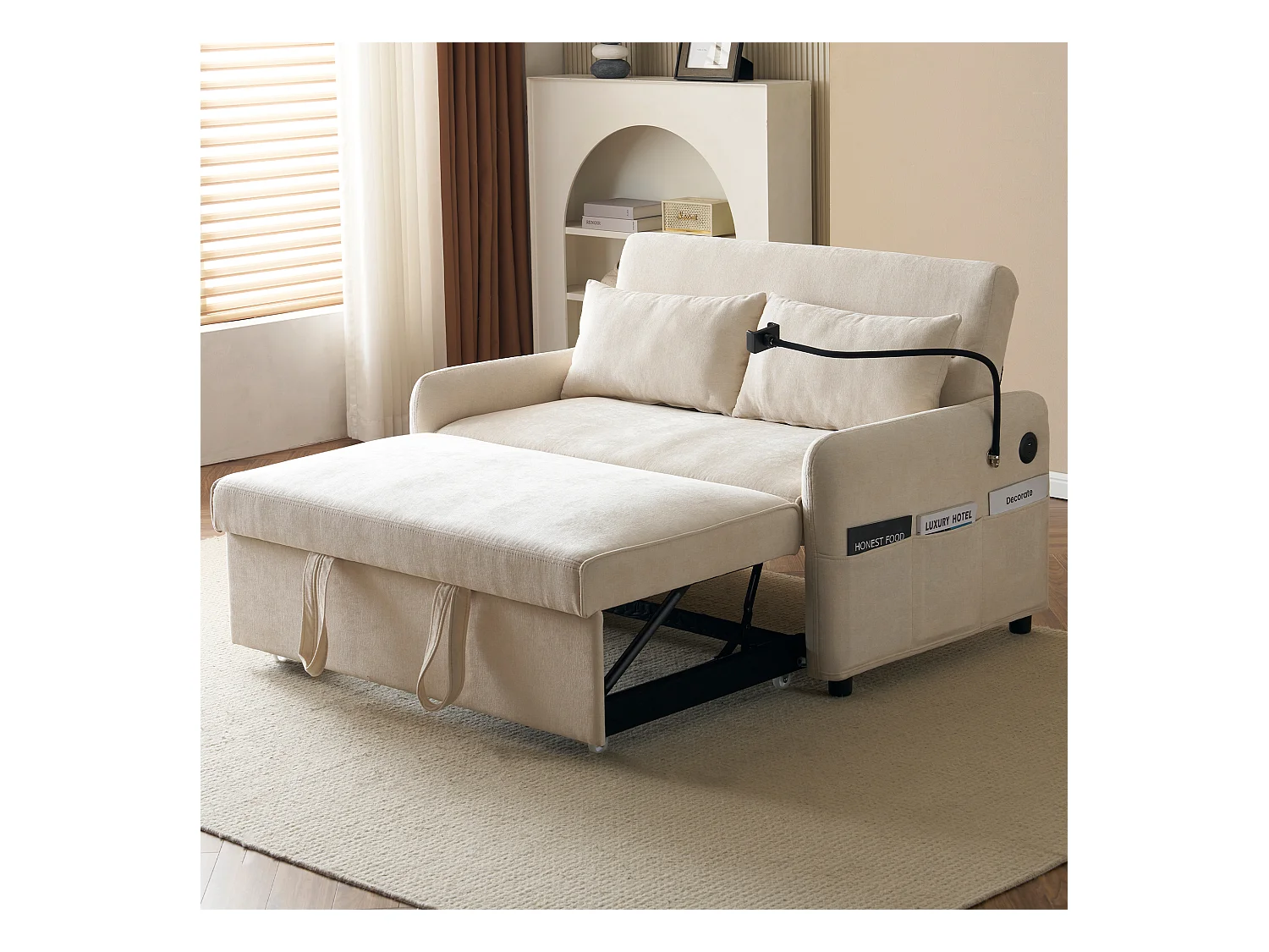 Canapé convertible 2 places, avec fonction lit, chenille, beige, avec porte-gobelets et ports USB (129x76x81 cm)