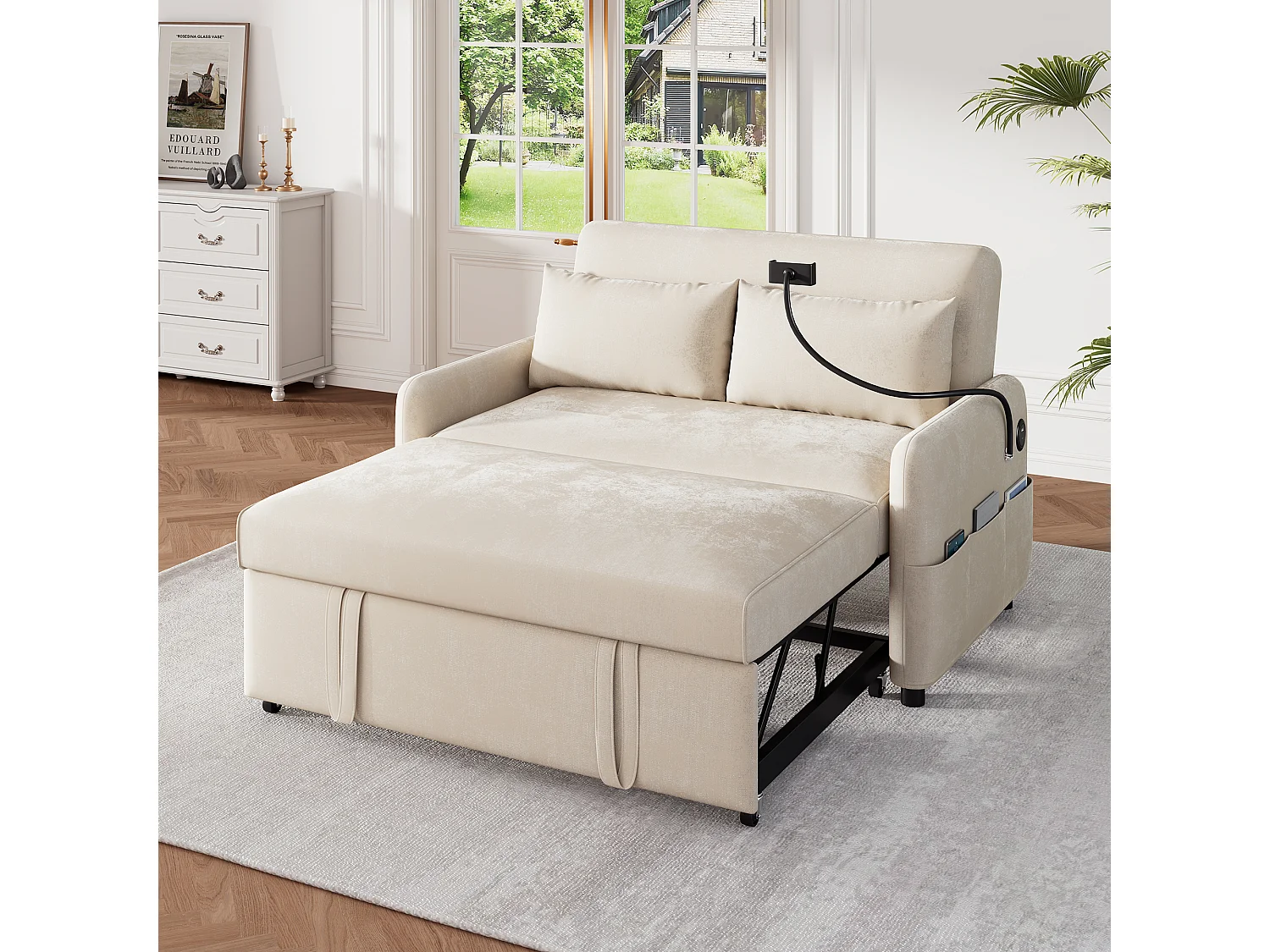 Canapé convertible 2 places, avec fonction lit, chenille, beige, avec porte-gobelets et ports USB (129x76x81 cm)