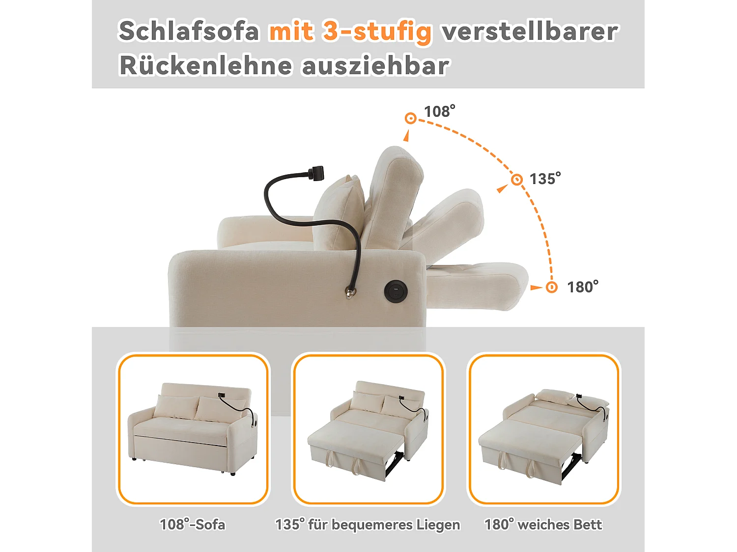 Canapé convertible 2 places, avec fonction lit, chenille, beige, avec porte-gobelets et ports USB (129x76x81 cm)