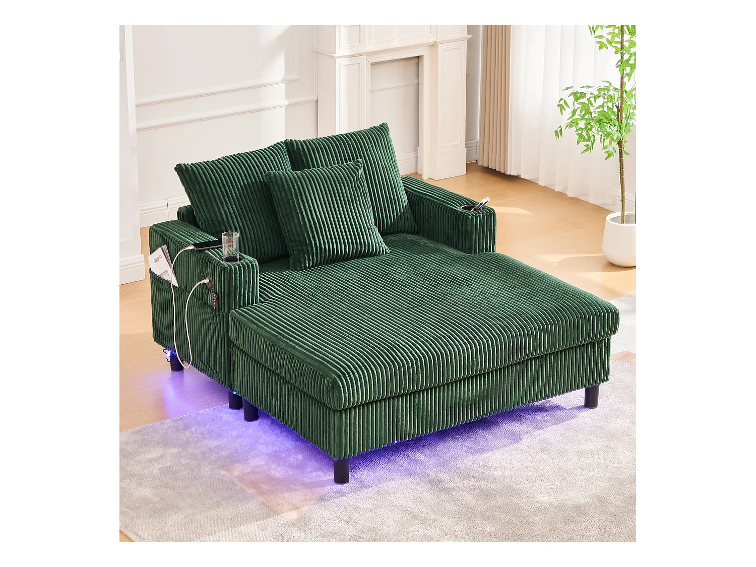 Divano angolare in velluto con contenitore integrato, illuminazione a LED e porte USB, smeraldo (126x56x26,5 cm)