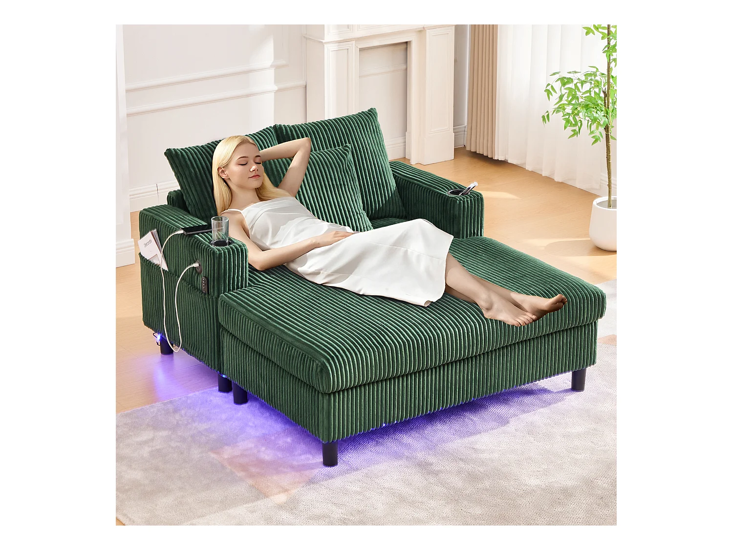 Fluwelen hoekbank met ingebouwde opbergruimte, ledverlichting en USB-poorten, smaragdgroen (126x56x26,5cm)