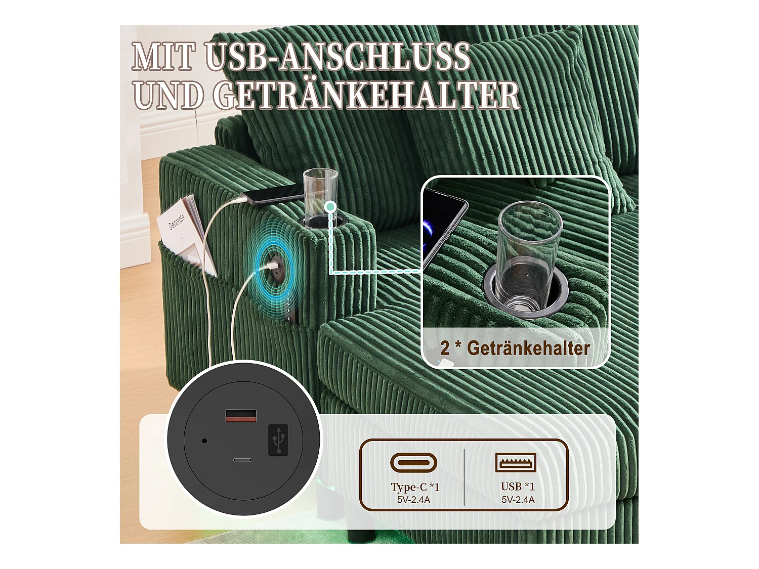 Fluwelen hoekbank met ingebouwde opbergruimte, ledverlichting en USB-poorten, smaragdgroen (126x56x26,5cm)