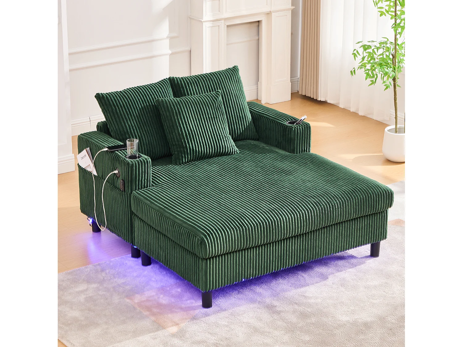 Canapé d'angle relax en velours avec rangements intégrés, éclairage LED et ports USB, émeraude (126x56x26.5cm)