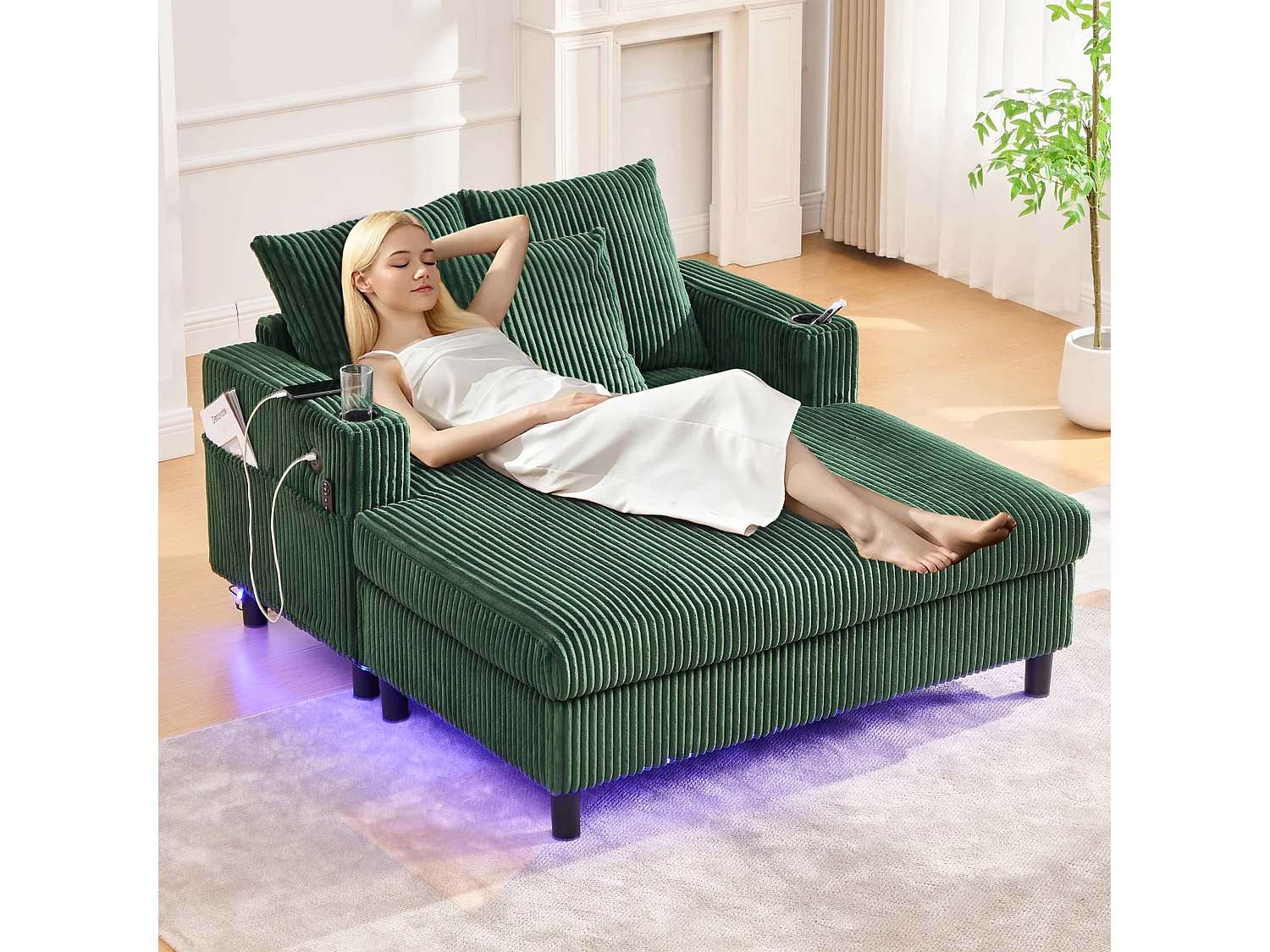 Canapé d'angle relax en velours avec rangements intégrés, éclairage LED et ports USB, émeraude (126x56x26.5cm)