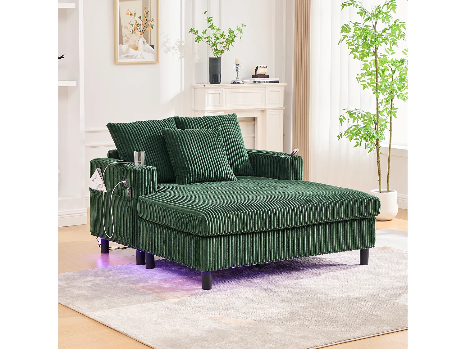 Canapé d'angle relax en velours avec rangements intégrés, éclairage LED et ports USB, émeraude (126x56x26.5cm)