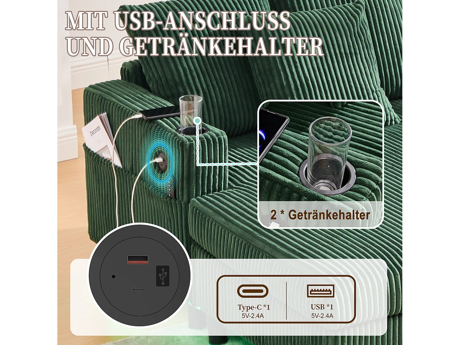 Canapé d'angle relax en velours avec rangements intégrés, éclairage LED et ports USB, émeraude (126x56x26.5cm)