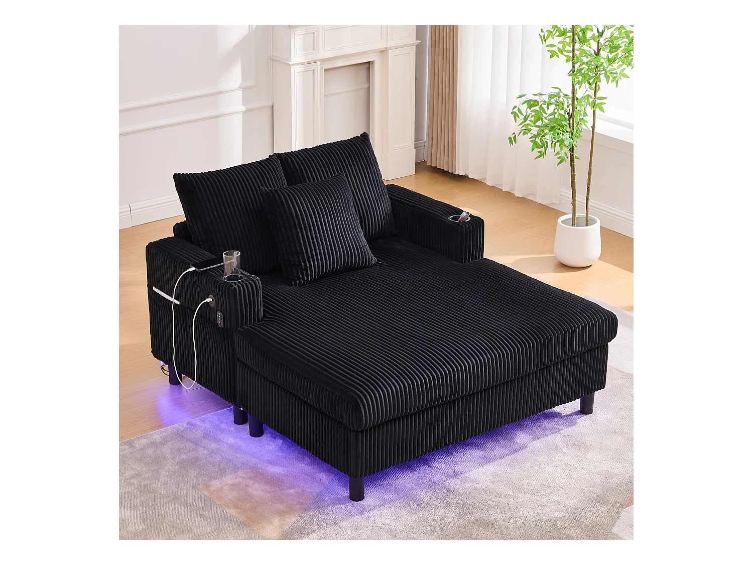 Canapé relax XXL en velours avec ports USB, éclairage LED et accoudoirs intégrés, noir (126x56x26.5cm)