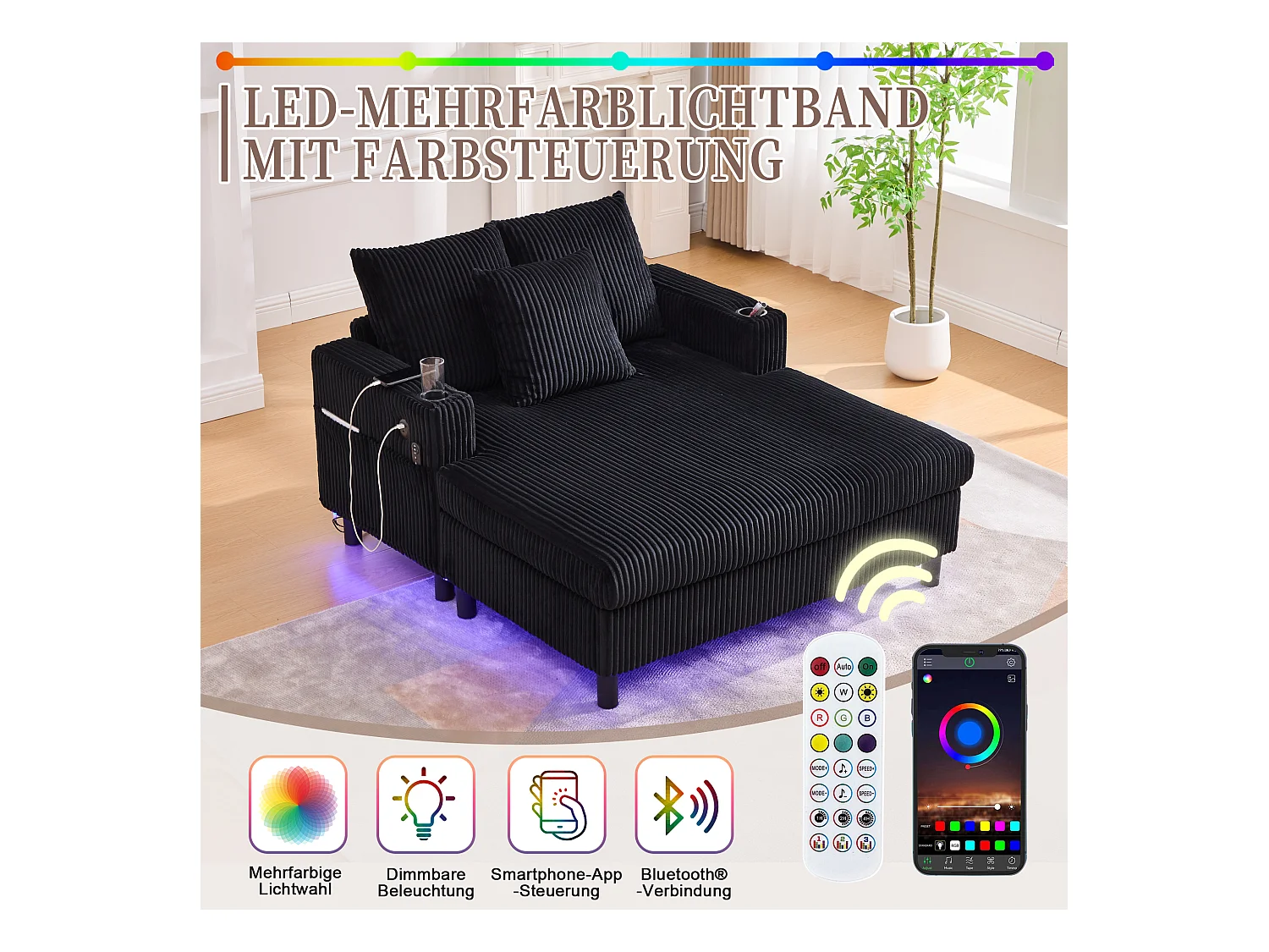 Canapé relax XXL en velours avec ports USB, éclairage LED et accoudoirs intégrés, noir (126x56x26.5cm)