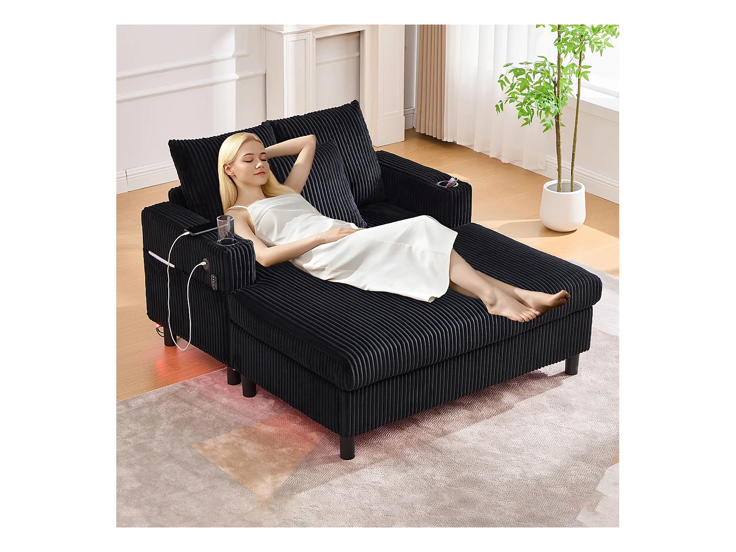 Canapé relax XXL en velours avec ports USB, éclairage LED et accoudoirs intégrés, noir (126x56x26.5cm)