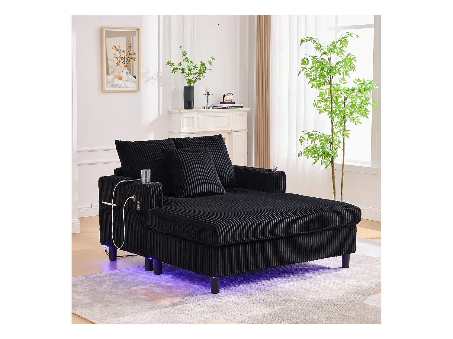 Canapé relax XXL en velours avec ports USB, éclairage LED et accoudoirs intégrés, noir (126x56x26.5cm)