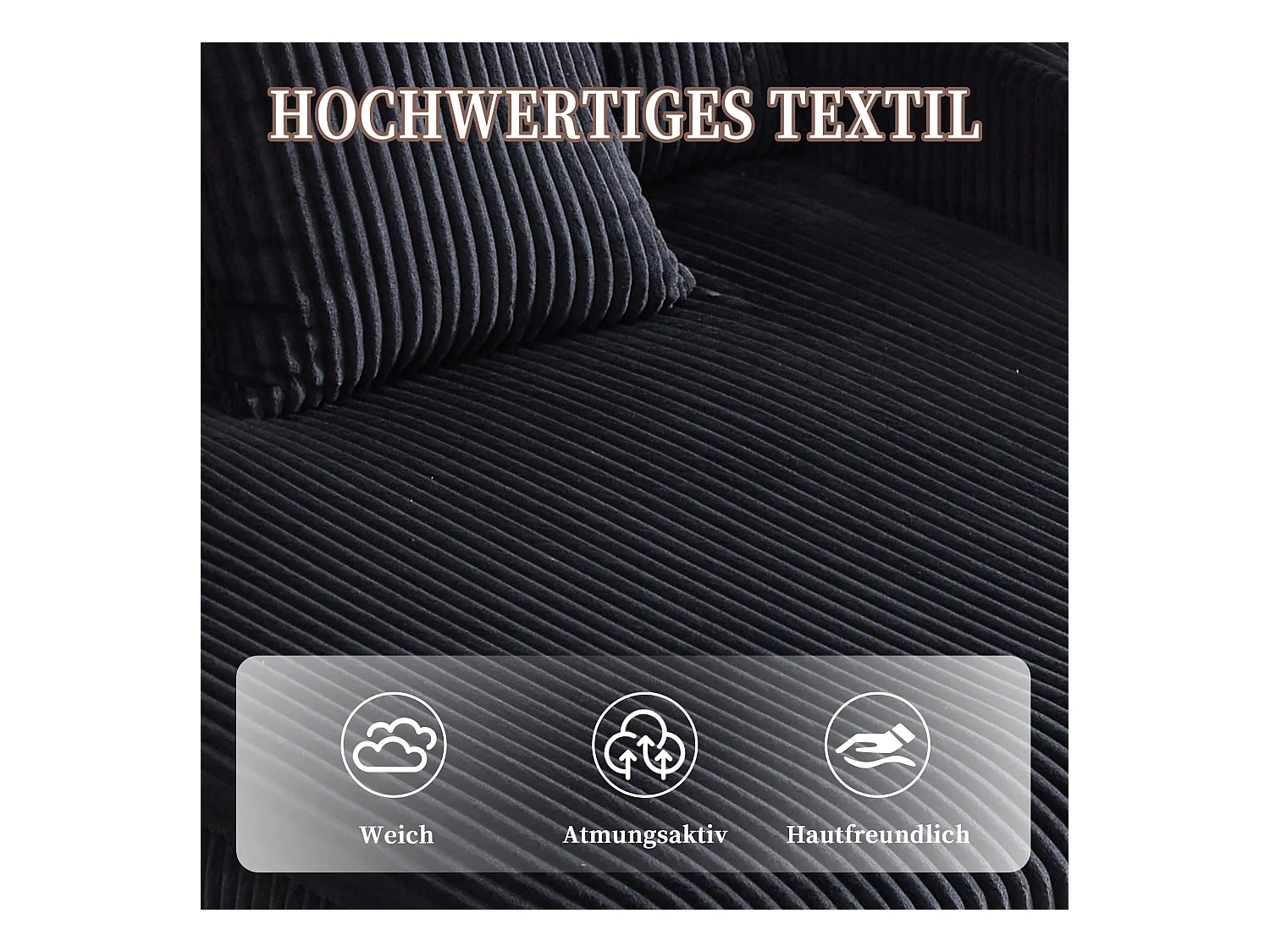 Canapé relax XXL en velours avec ports USB, éclairage LED et accoudoirs intégrés, noir (126x56x26.5cm)