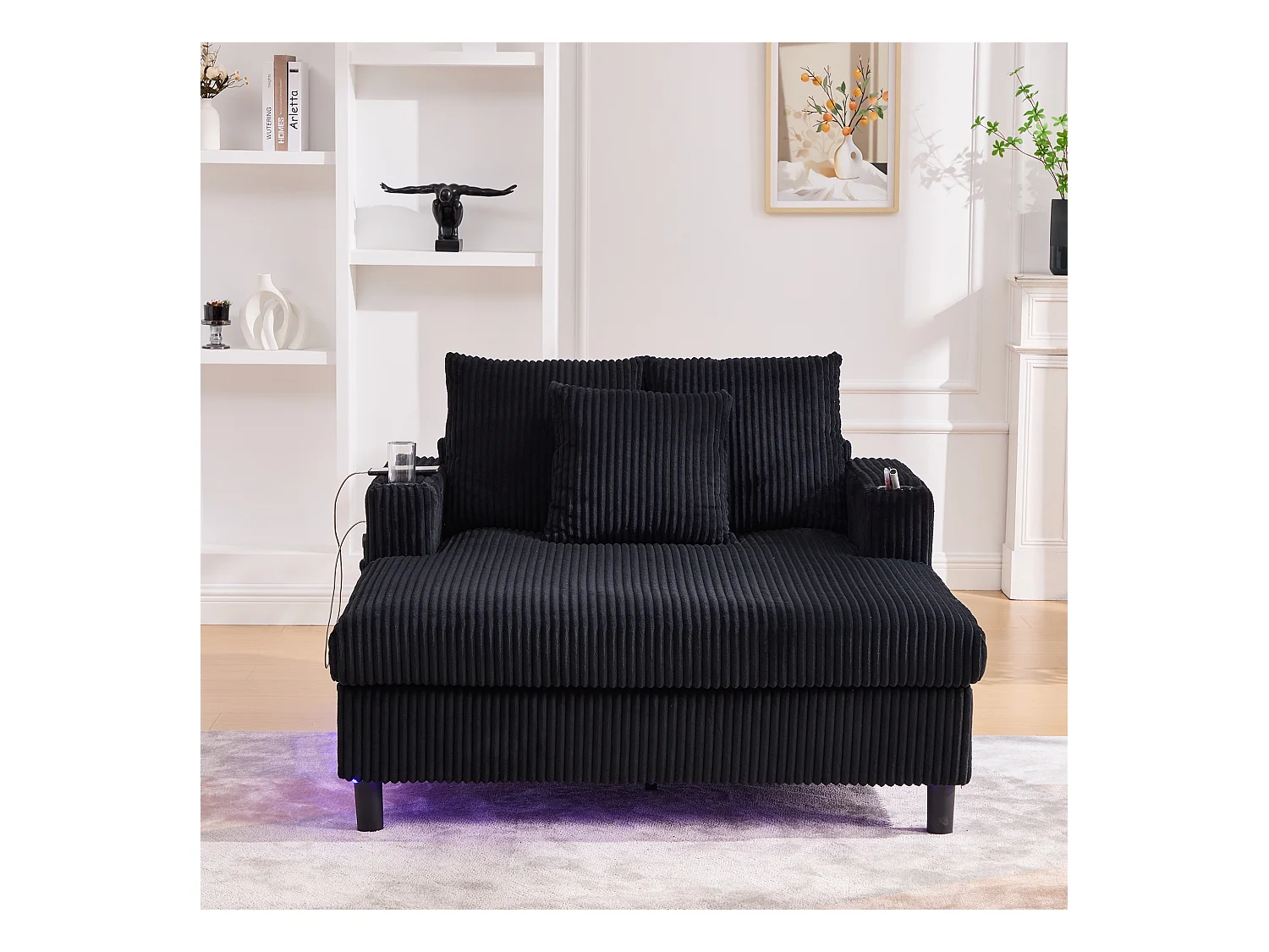 Canapé relax XXL en velours avec ports USB, éclairage LED et accoudoirs intégrés, noir (126x56x26.5cm)