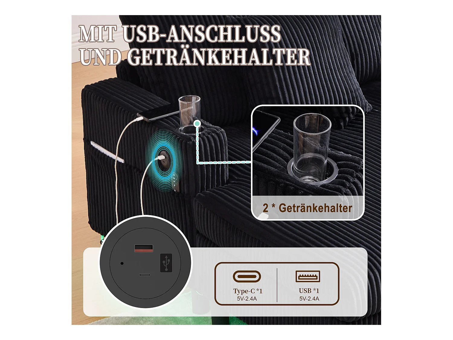 Canapé relax XXL en velours avec ports USB, éclairage LED et accoudoirs intégrés, noir (126x56x26.5cm)