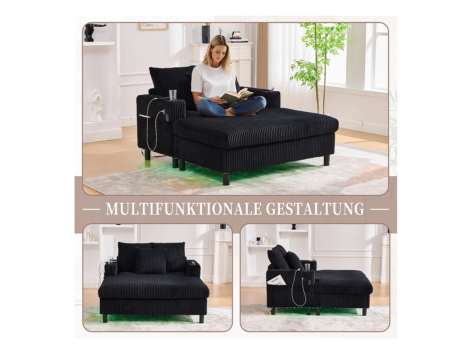 Canapé relax XXL en velours avec ports USB, éclairage LED et accoudoirs intégrés, noir (126x56x26.5cm)