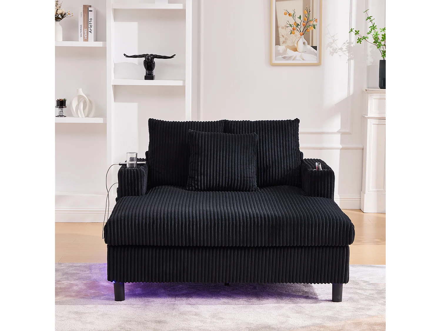 Canapé relax XXL en velours avec ports USB, éclairage LED et accoudoirs intégrés, noir (126x56x26.5cm)