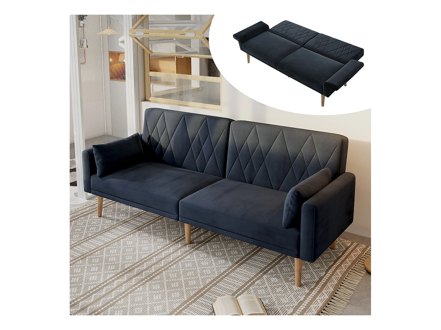 Canapé convertible en lit, canapé 2 places en velours, avec appui-tête et accoudoirs ajustables, noir (180x75x82 cm)