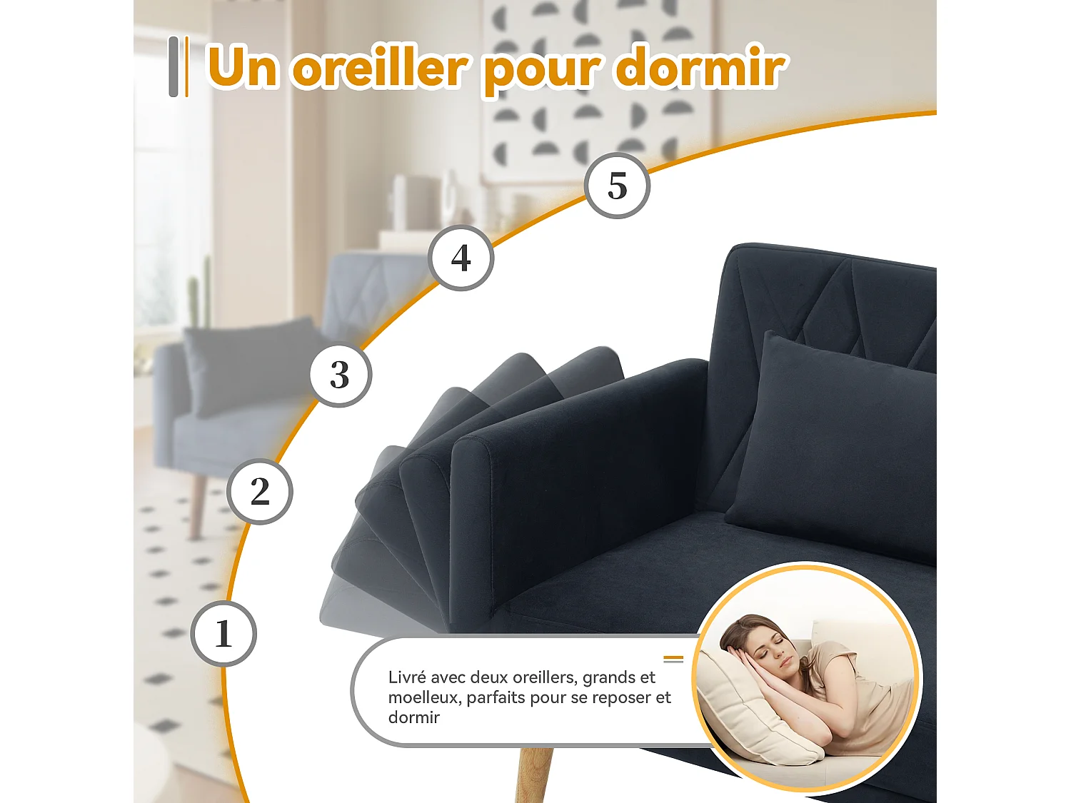 Canapé convertible en lit, canapé 2 places en velours, avec appui-tête et accoudoirs ajustables, noir (180x75x82 cm)