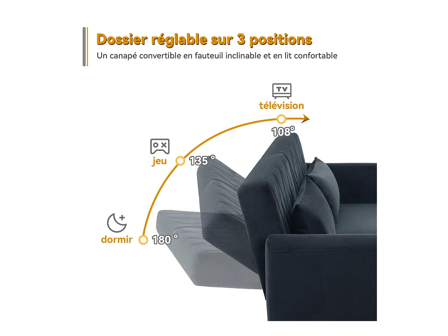 Canapé convertible en lit, canapé 2 places en velours, avec appui-tête et accoudoirs ajustables, noir (180x75x82 cm)